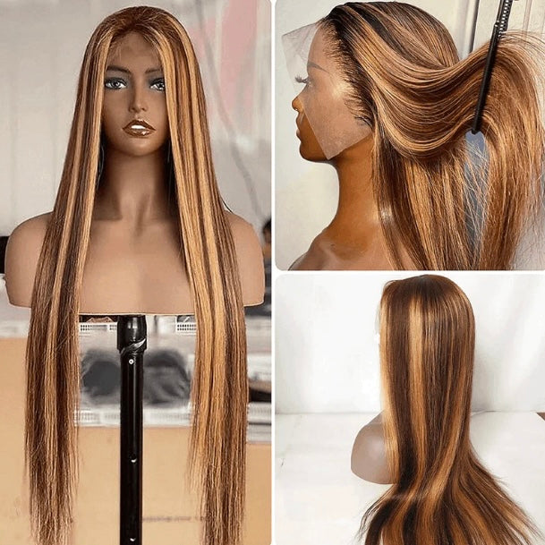 HIHAIR® HIGHLIGHT HONEY BLONDE TL412 STRAIGHT 13*4 LACE FRONTAL WIG - 100% HUMAN VIRGIN HAIR