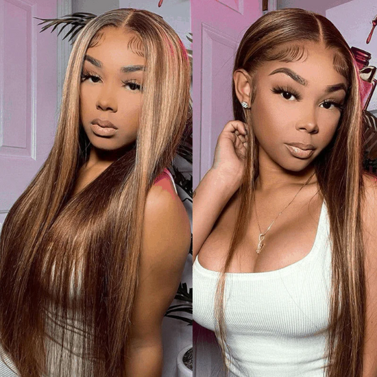 HIHAIR® HIGHLIGHT HONEY BLONDE TL412 STRAIGHT 13*4 LACE FRONTAL WIG - 100% HUMAN VIRGIN HAIR