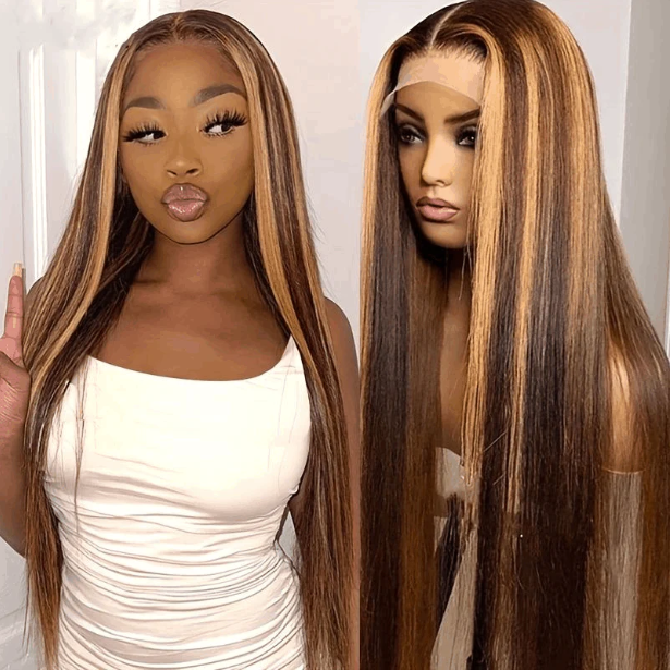 HIHAIR® HIGHLIGHT HONEY BLONDE TL412 STRAIGHT 13*4 LACE FRONTAL WIG - 100% HUMAN VIRGIN HAIR