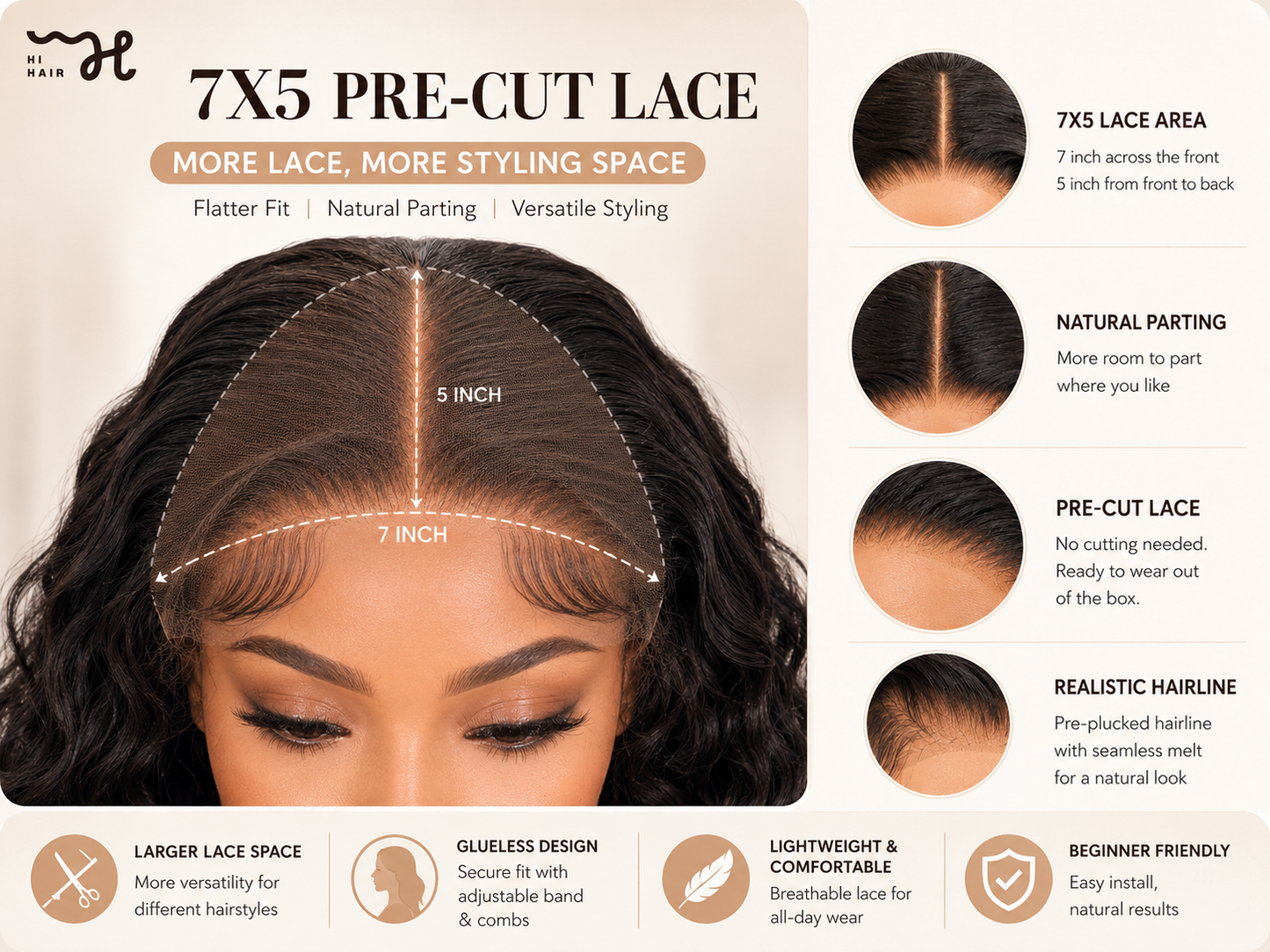 HIHAIR® GLUELESS 7*5 BODY WAVE PREMIUM 180D LACE WIG - 100% HUMAN VIRGIN HAIR