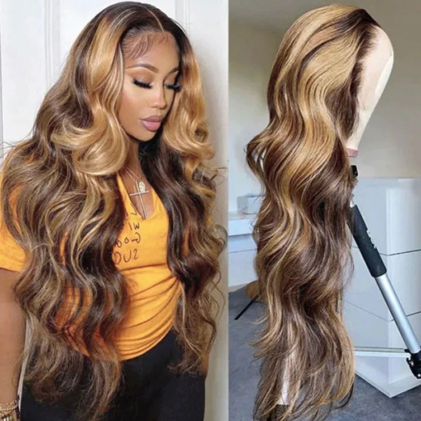 HIHAIR® HIGHLIGHT HONEY BLONDE TL412 BODY WAVE 13*4 LACE FRONTAL WIG - 100% HUMAN VIRGIN HAIR