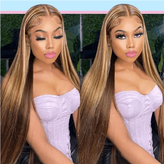 HIHAIR® HIGHLIGHT HONEY BLONDE TL412 STRAIGHT 13*4 LACE FRONTAL WIG - 100% HUMAN VIRGIN HAIR