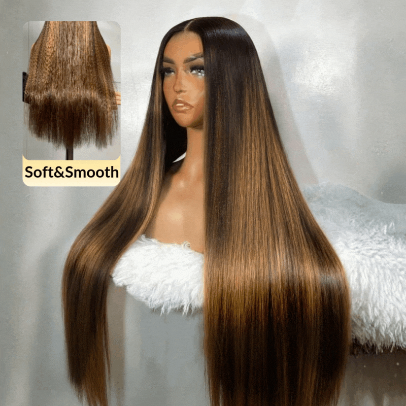 HIHAIR® 13x4 Pre-cut  Lace Balayage Highlights Yaki Straight Drawstring Wig 100% Human Hair