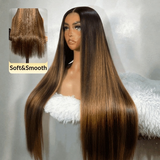 HIHAIR® 13x4 Pre-cut  Lace Balayage Highlights Yaki Straight Drawstring Wig 100% Human Hair
