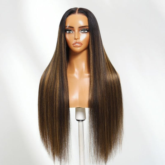 HIHAIR® 13x4 Pre-cut  Lace Balayage Highlights Yaki Straight Drawstring Wig 100% Human Hair