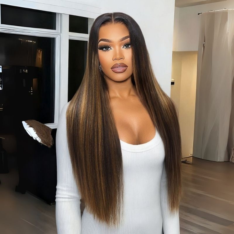 HIHAIR® 13x4 Pre-cut  Lace Balayage Highlights Yaki Straight Drawstring Wig 100% Human Hair