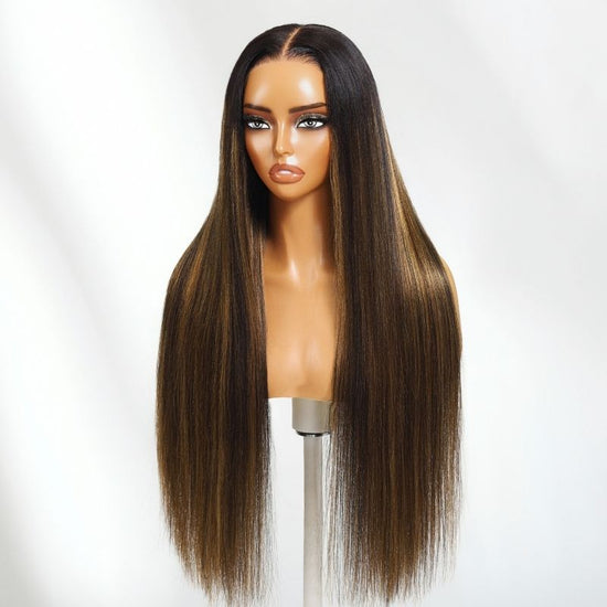 HIHAIR® 13x4 Pre-cut  Lace Balayage Highlights Yaki Straight Drawstring Wig 100% Human Hair