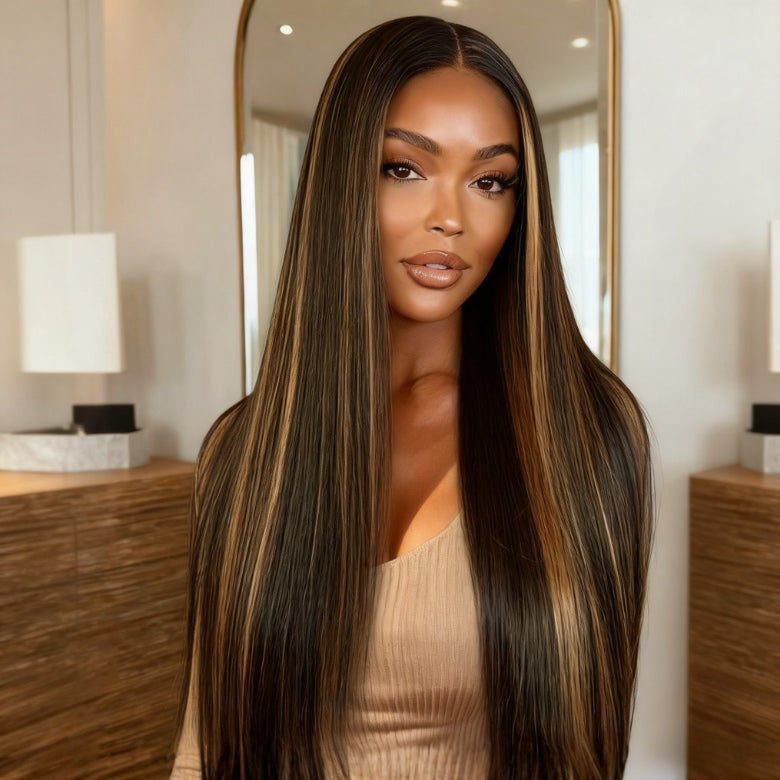 HIHAIR® 13x4 Pre-cut  Lace Balayage Highlights Yaki Straight Drawstring Wig 100% Human Hair