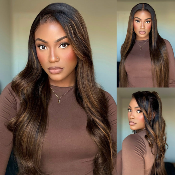 HIHAIR® 7x5 Glueless Lace Ombre Brown Balayage Highlight Body Wave with Drawstring Wig Precolored Human Hair Lace Wig