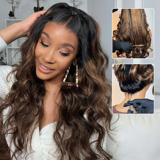 HIHAIR® 7x5 Glueless Lace Ombre Brown Balayage Highlight Body Wave with Drawstring Wig Precolored Human Hair Lace Wig