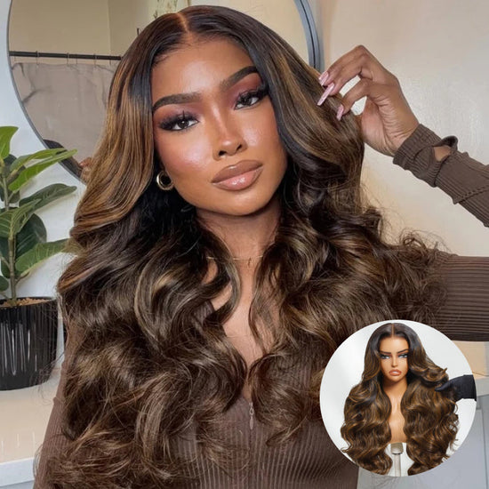 HIHAIR® 7x5 Glueless Lace Ombre Brown Balayage Highlight Body Wave with Drawstring Wig Precolored Human Hair Lace Wig