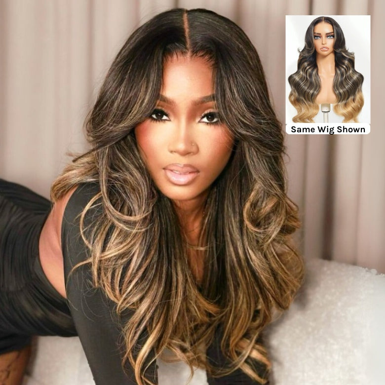 HIHAIR® 7x5 Glueless Lace Ombre Brown Balayage Highlight Body Wave with Drawstring Wig Precolored Human Hair Lace Wig