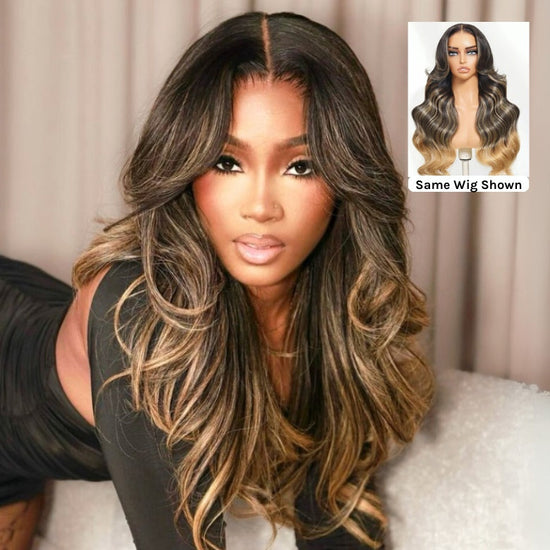 HIHAIR® 7x5 Glueless Lace Ombre Brown Balayage Highlight Body Wave with Drawstring Wig Precolored Human Hair Lace Wig