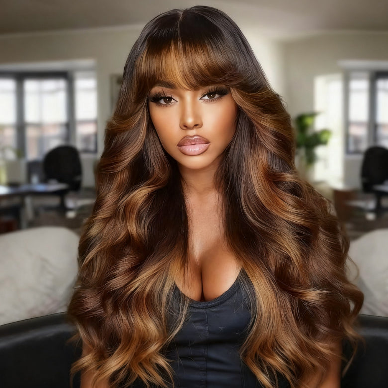 HIHAIR® 7x5 Glueless Lace Ombre Brown Balayage Highlight Body Wave with Drawstring Wig Precolored Human Hair Lace Wig