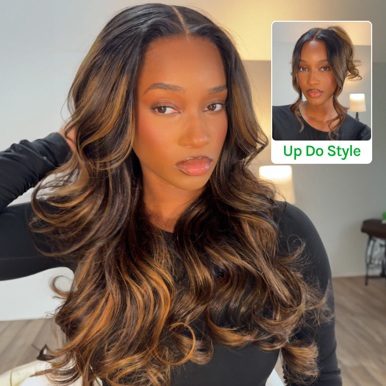 HIHAIR® 7x5 Glueless Lace Ombre Brown Balayage Highlight Body Wave with Drawstring Wig Precolored Human Hair Lace Wig