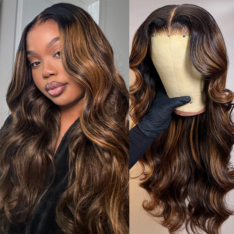 HIHAIR® 7x5 Glueless Lace Ombre Brown Balayage Highlight Body Wave with Drawstring Wig Precolored Human Hair Lace Wig