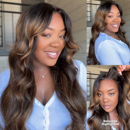 HIHAIR® 7x5 Glueless Lace Ombre Brown Balayage Highlight Body Wave with Drawstring Wig Precolored Human Hair Lace Wig