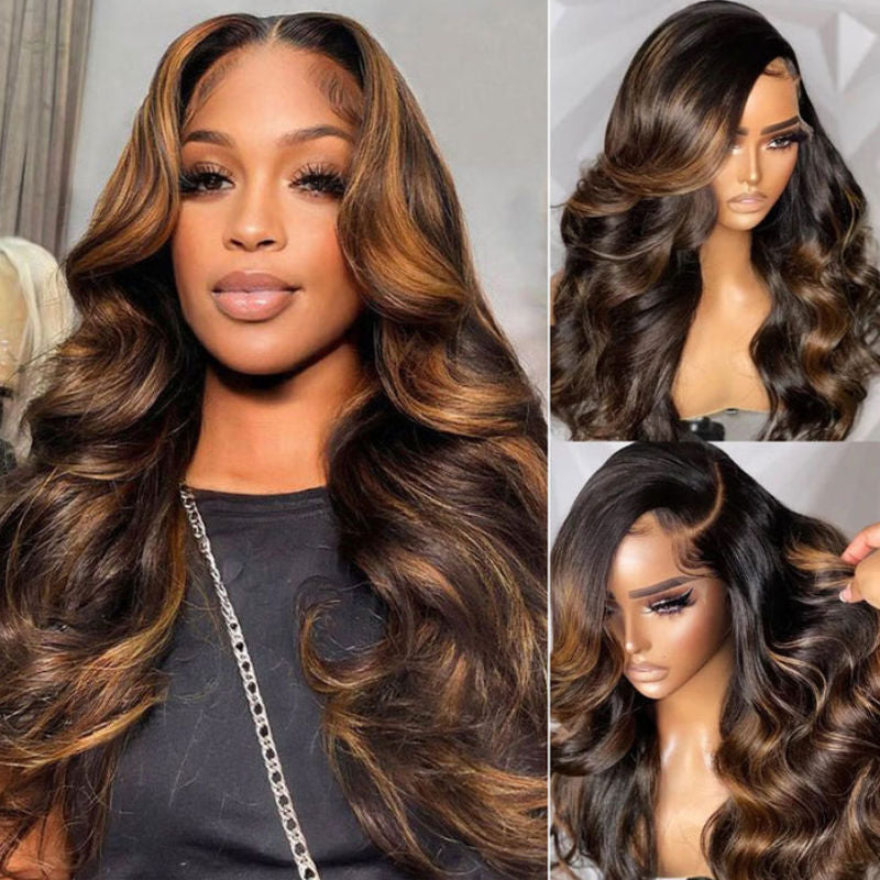 HIHAIR® 7x5 Glueless Lace Ombre Brown Balayage Highlight Body Wave with Drawstring Wig Precolored Human Hair Lace Wig