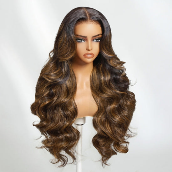 HIHAIR® 7x5 Glueless Lace Ombre Brown Balayage Highlight Body Wave with Drawstring Wig Precolored Human Hair Lace Wig