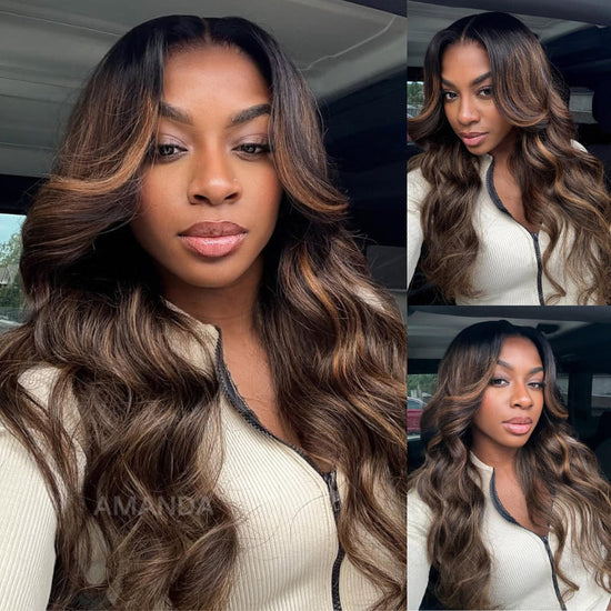 HIHAIR® 7x5 Glueless Lace Ombre Brown Balayage Highlight Body Wave with Drawstring Wig Precolored Human Hair Lace Wig