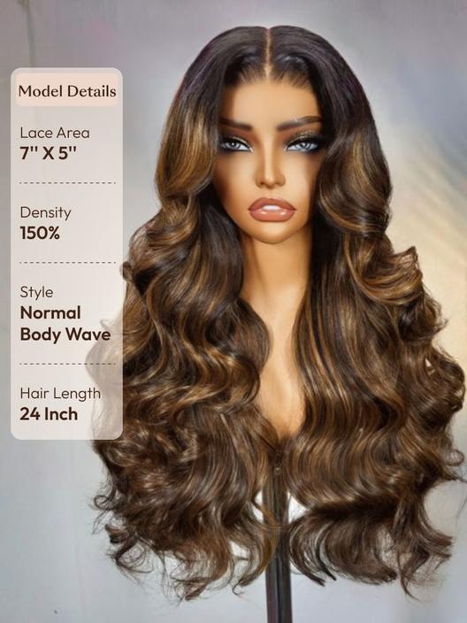 HIHAIR®  7x5 Pre-cut Glueless Lace Balayage Highlight Body Wave with Drawstring Wig