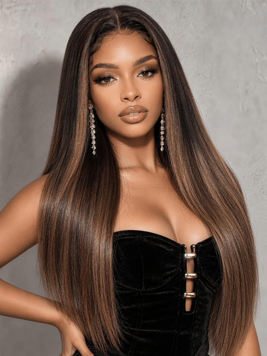 HIHAIR® 7x5 Glueless Lace Balayage Highlights Body Wave with Drawstring Wig Precolored Human Hair Lace Wig
