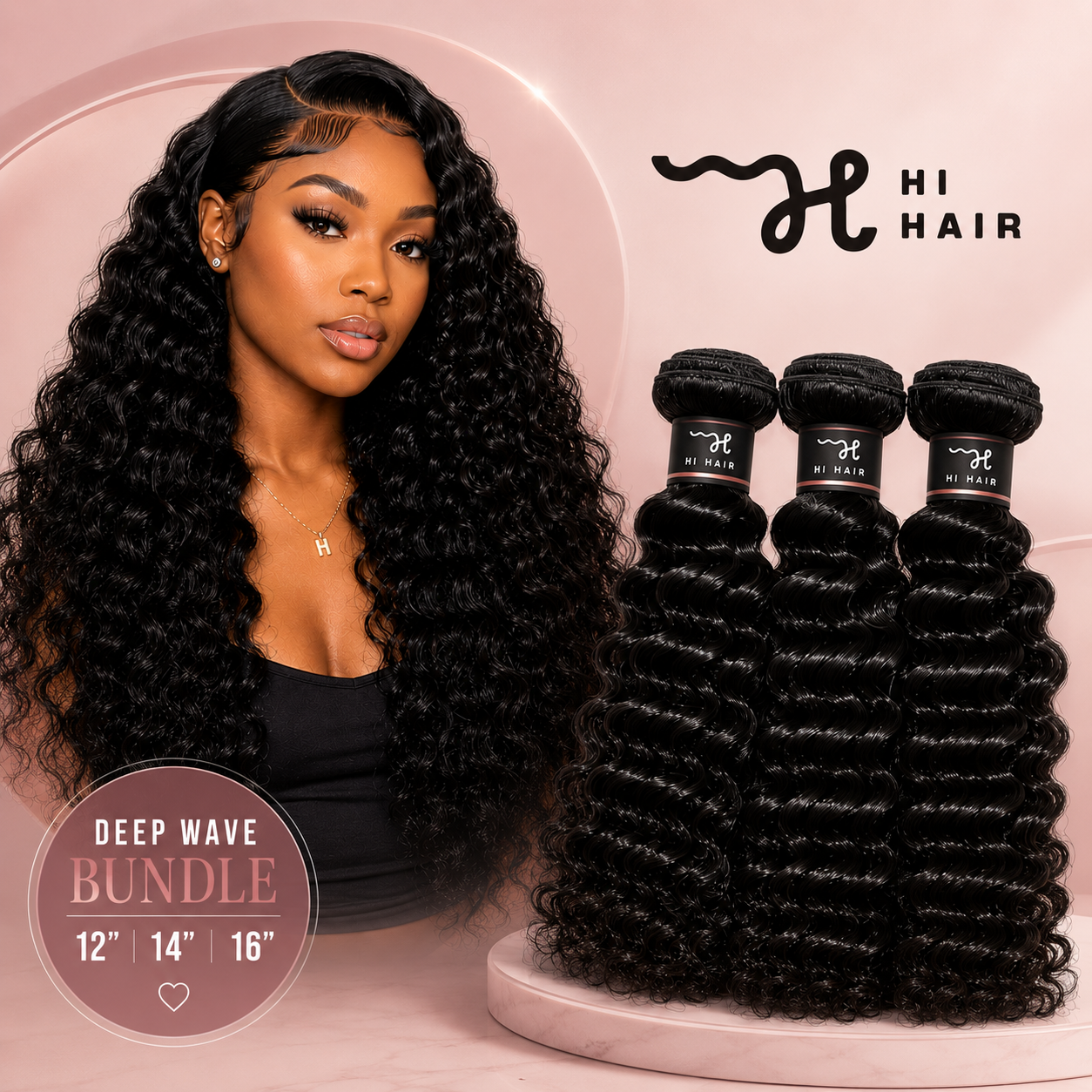 Woman with deep wave weave/bundle hair next to three bundles of hair extensions on a pink background, with 'HI HAIR' branding.