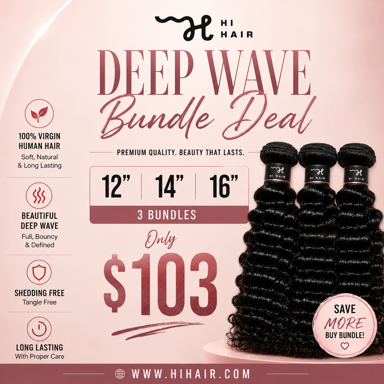 Promotional advertisement for Hi Hair deep wave bundle deal on a pink background