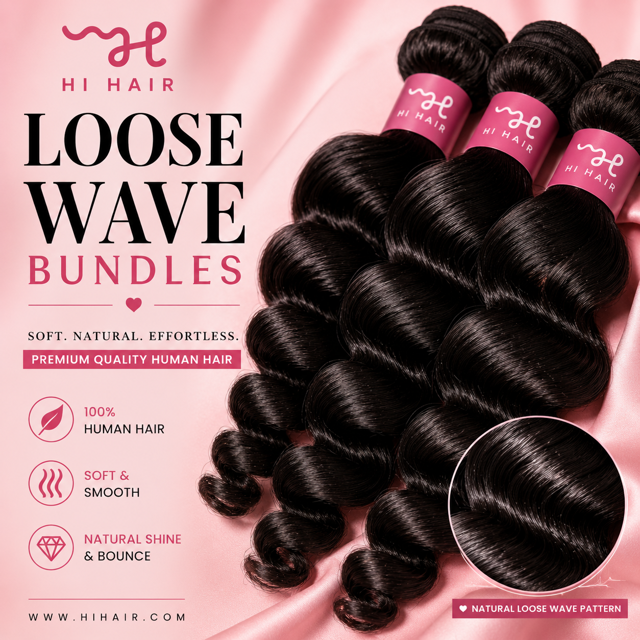 HI Hair Loose Wave Bundles with product details on a pink background