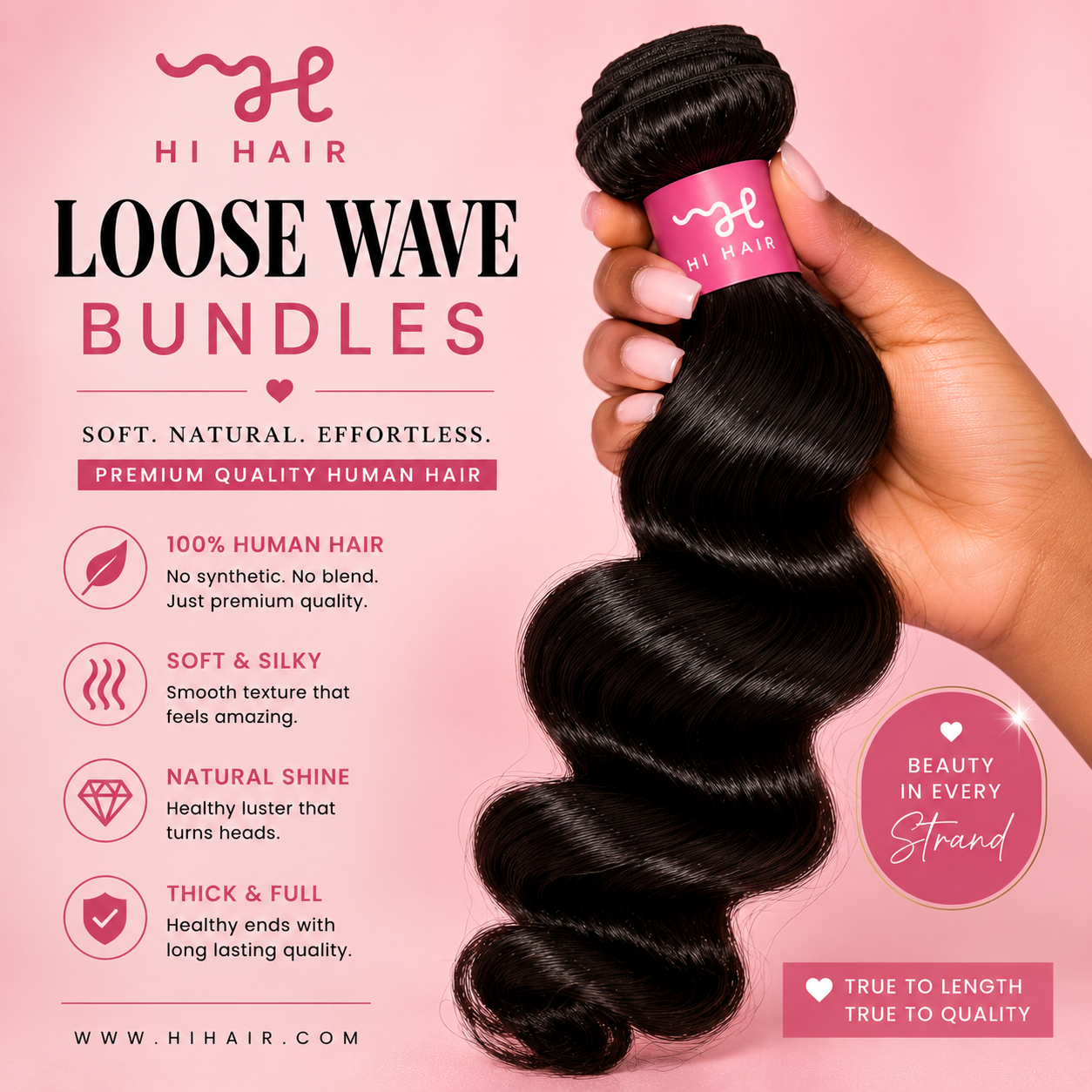 HI Hair Loose Wave Bundles with a hand holding a bundle on a pink background