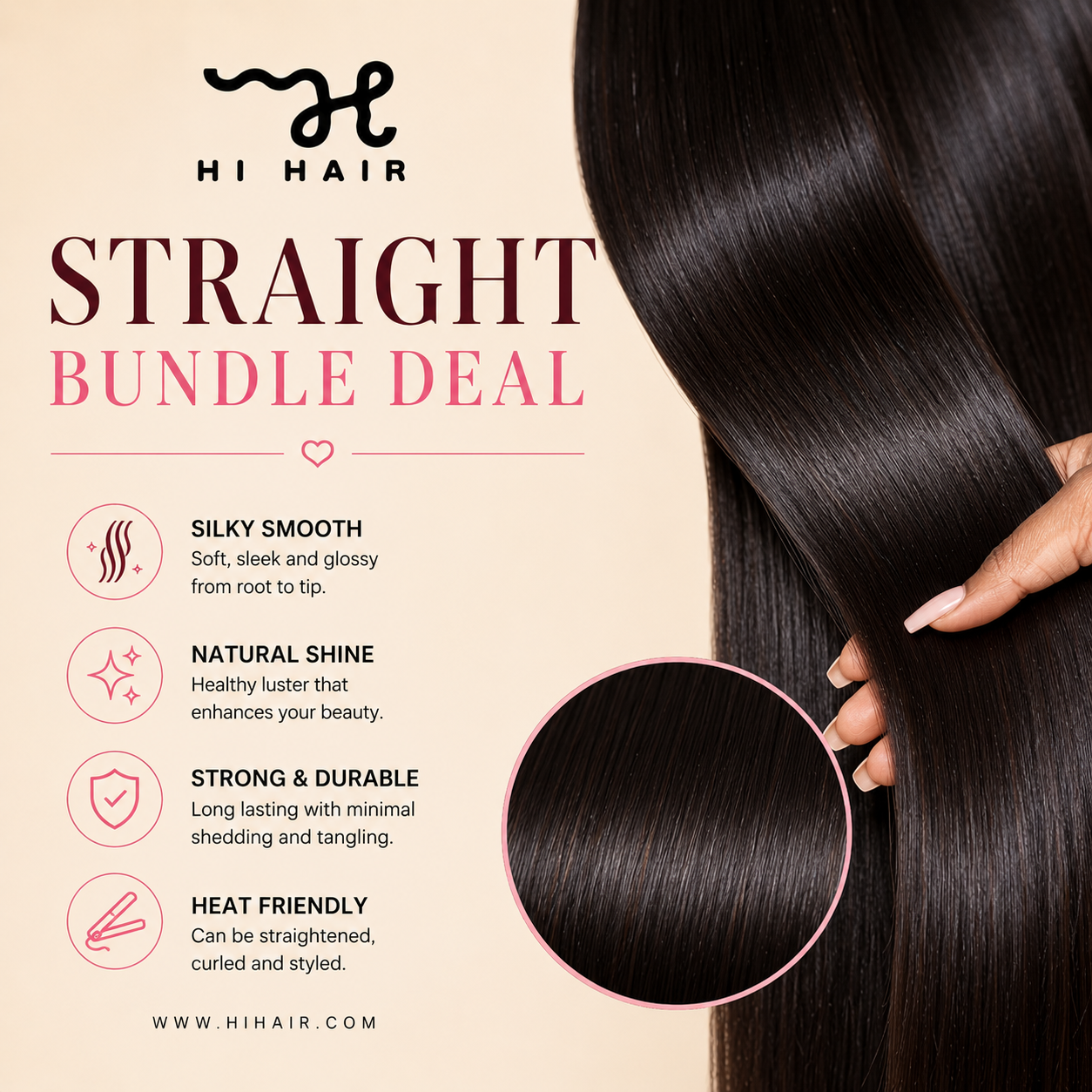 HIHair straight bundle deal with product features and a hand holding hair extensions.