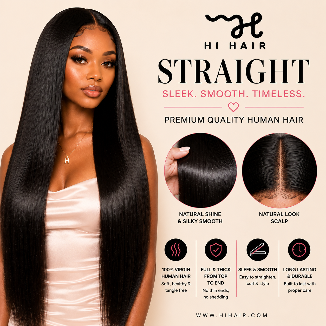 Hi Hair straight human hair extensions with a model and product features.