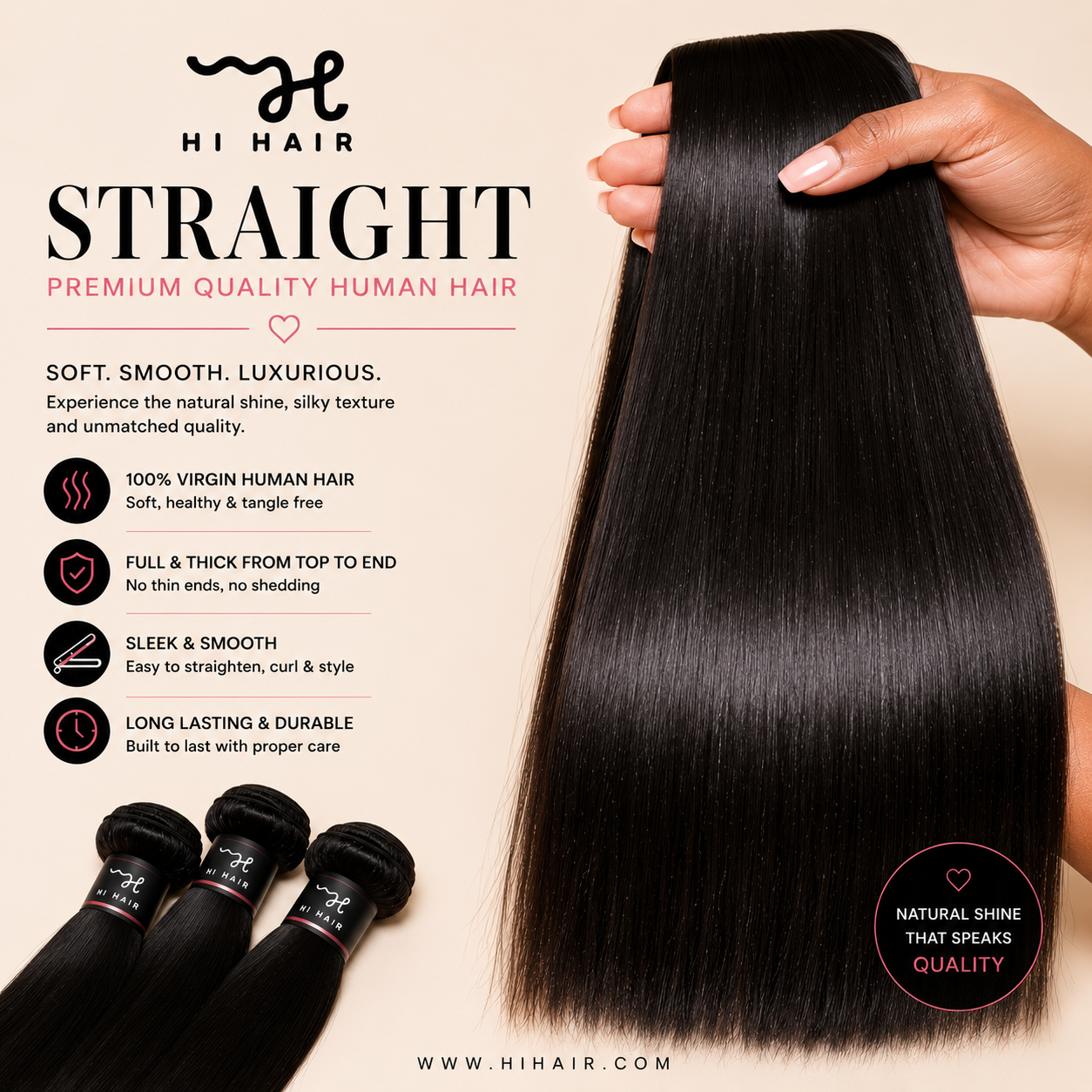 HIHair straight premium quality human hair extensions with product details on a beige background