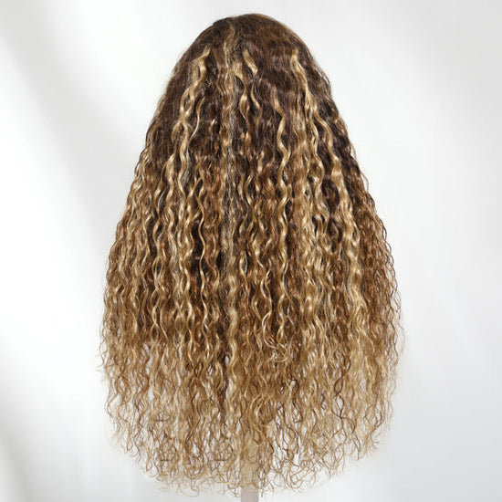 HIHAIR® 13x4 Pre-cut Lace Caramel Brown Honey Blonde Highlights Water Wave Glueless Drawstring Wig