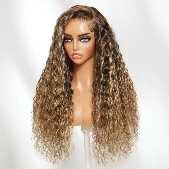 HIHAIR® 13x4 Pre-cut Lace Caramel Brown Honey Blonde Highlights Water Wave Glueless Drawstring Wig