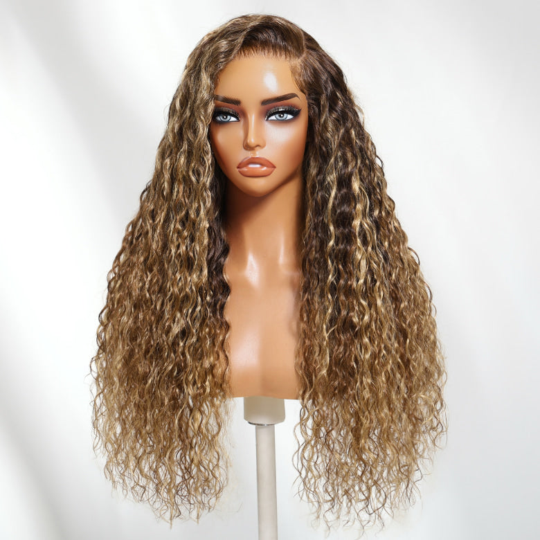 HIHAIR® 13x4 Pre-cut Lace Caramel Brown Honey Blonde Highlights Water Wave Glueless Drawstring Wig