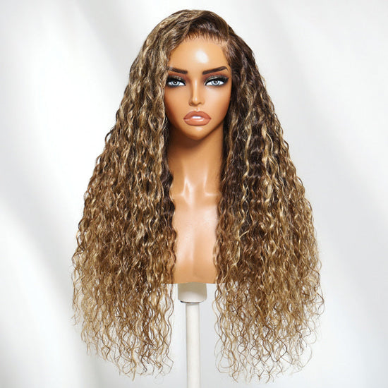 HIHAIR® 13x4 Pre-cut Lace Caramel Brown Honey Blonde Highlights Water Wave Glueless Drawstring Wig