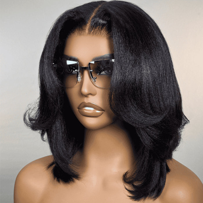 HIHAIR® Yaki Straight 7x5 Pre-cut Glueless Lace Wigs Human Hair Lace Wig
