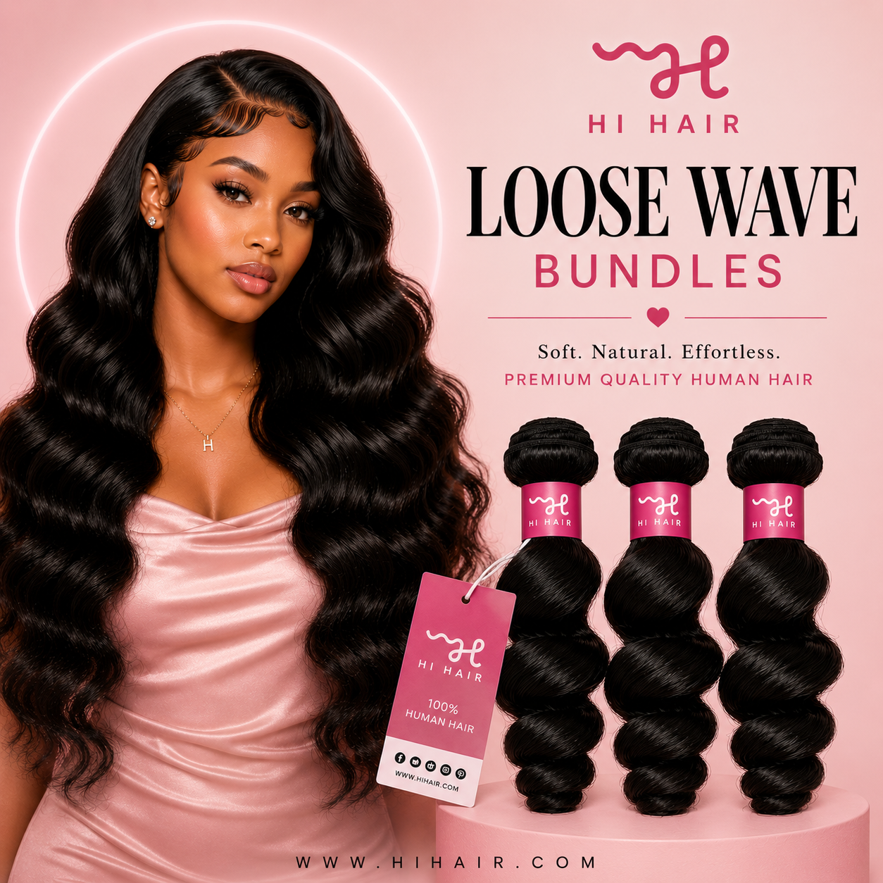 HIHair Loose Wave Bundles with a model and pink background