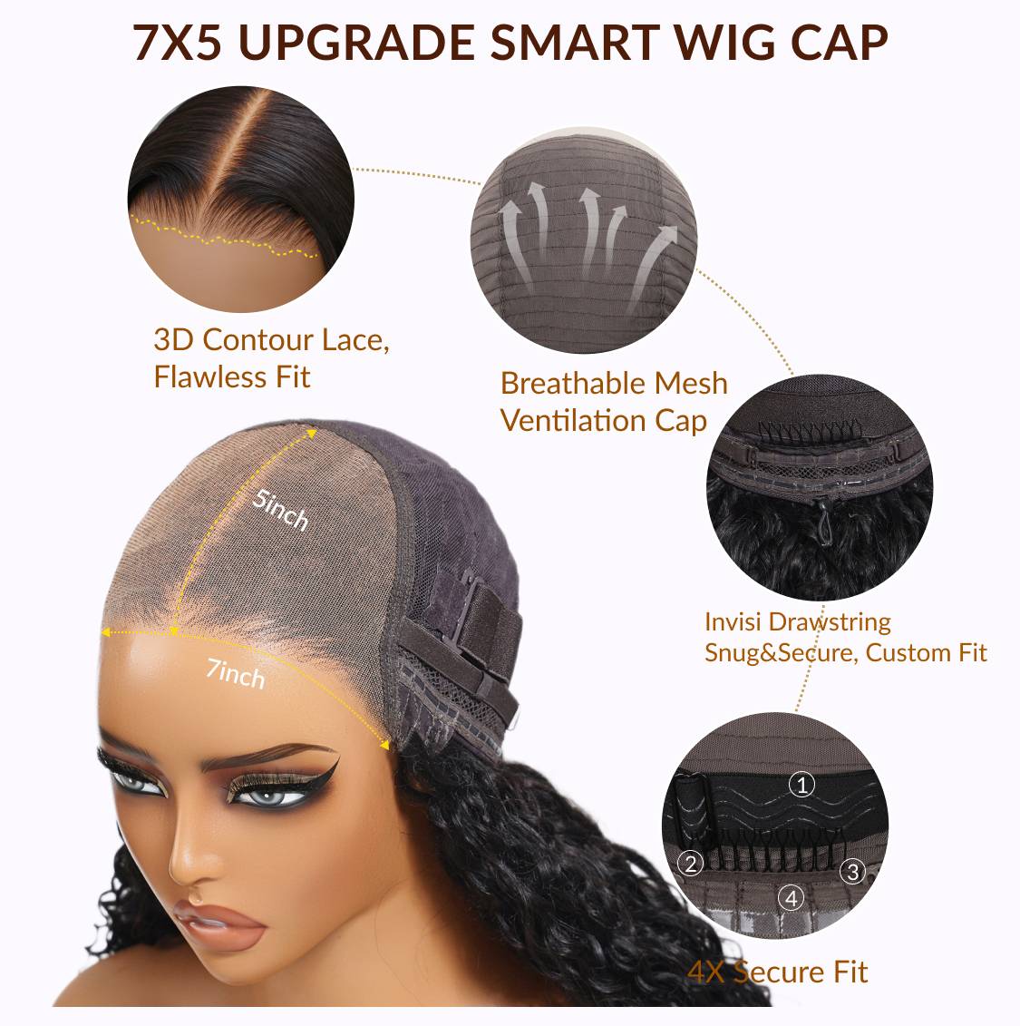HIHAIR® 7x5 Pre-cut Glueless Water Wave wig with Drawstring With Baby Hair wigs